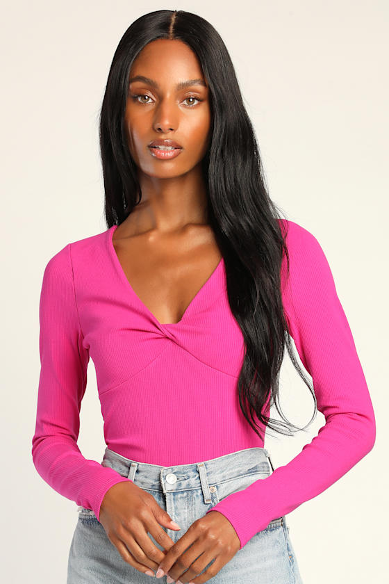 Always Trending Hot Pink Ribbed Twist-Front Long Sleeve Top 4