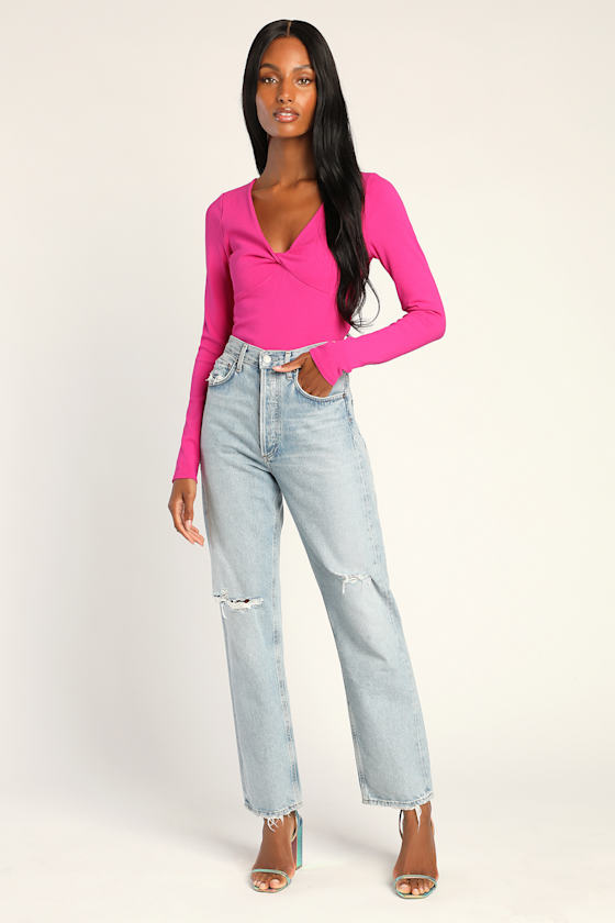 Always Trending Hot Pink Ribbed Twist-Front Long Sleeve Top 1