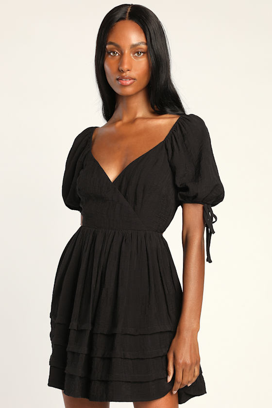 Always Precious Black Puff Sleeve Tiered Tie Back Mini Dress 2