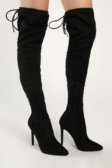 Natiee Black Suede Pointed-Toe Over-the-Knee Boots