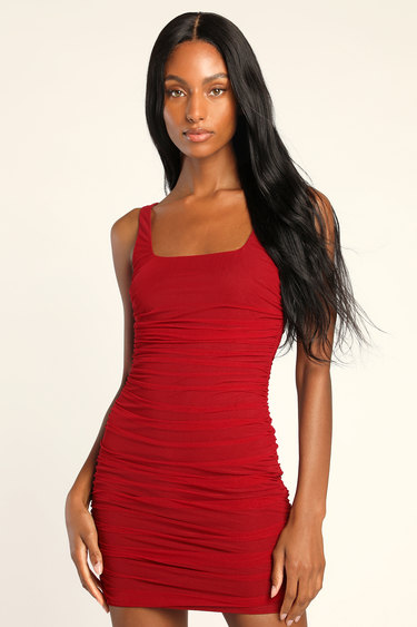Sultry Sunset Burgundy Ruched Mesh Mini Bodycon Dress