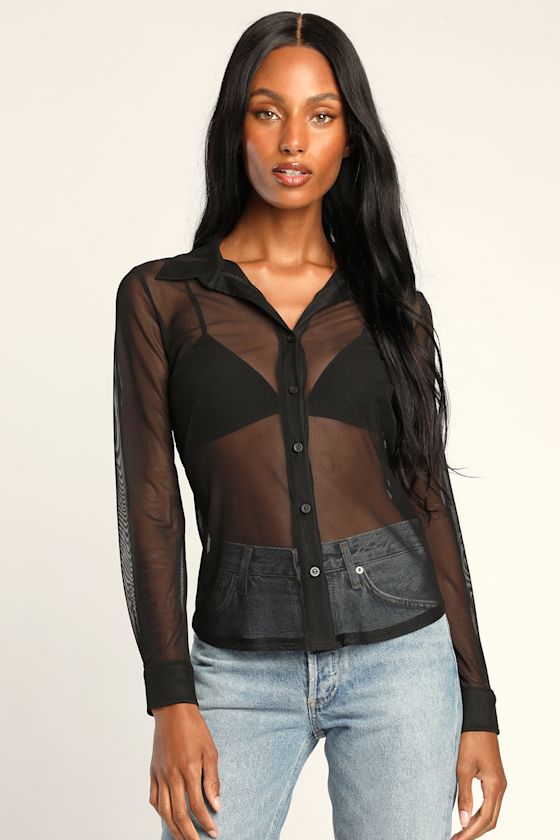 Black Mesh Top Sheer Mesh Top Long Sleeve ButtonUp Top Lulus