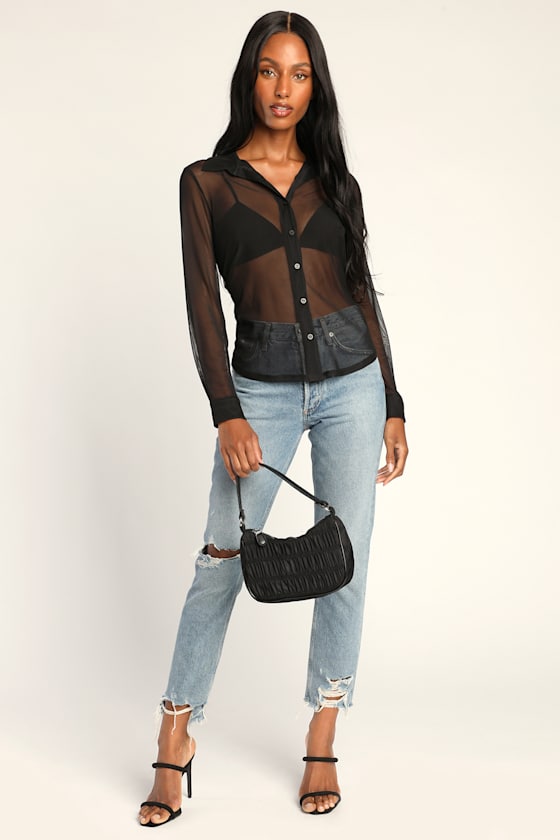 Cool Attitude Black Sheer Mesh Button-Up Long Sleeve Top 3