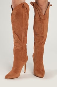 Sayyna Tan Suede Pointed-Toe Knee-High Boots