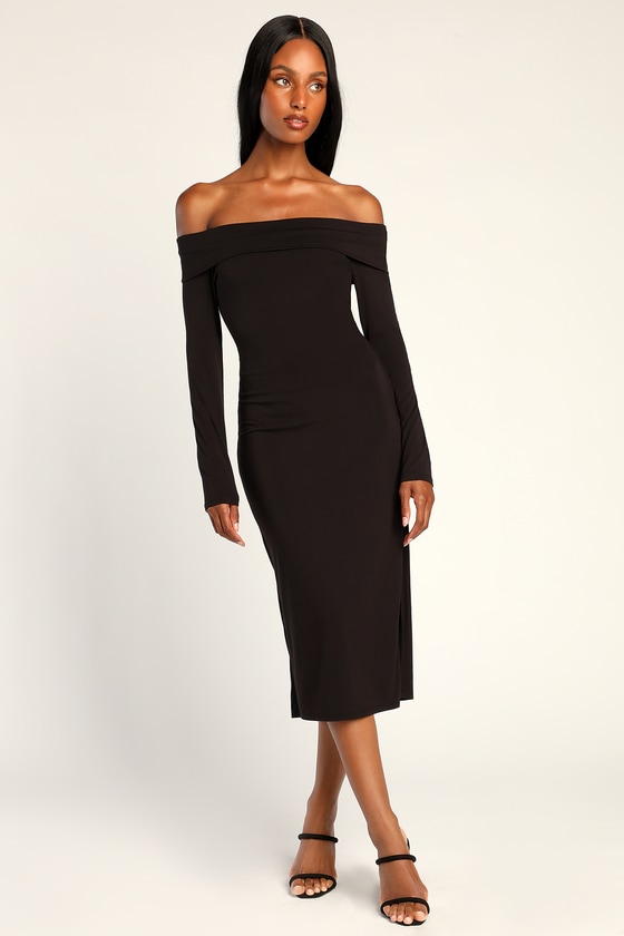 Elegant Sight Black Off-the-Shoulder Bodycon Midi Dress