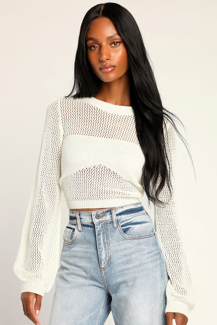 Weave Your Mark Ivory Sheer Long Sleeve Sweater