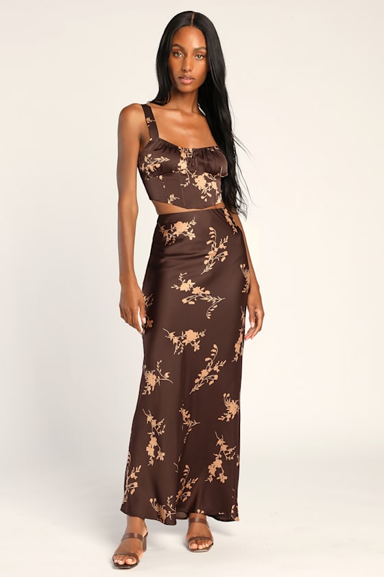 Doubly Darling Brown Floral Print Satin Midi Skirt 1