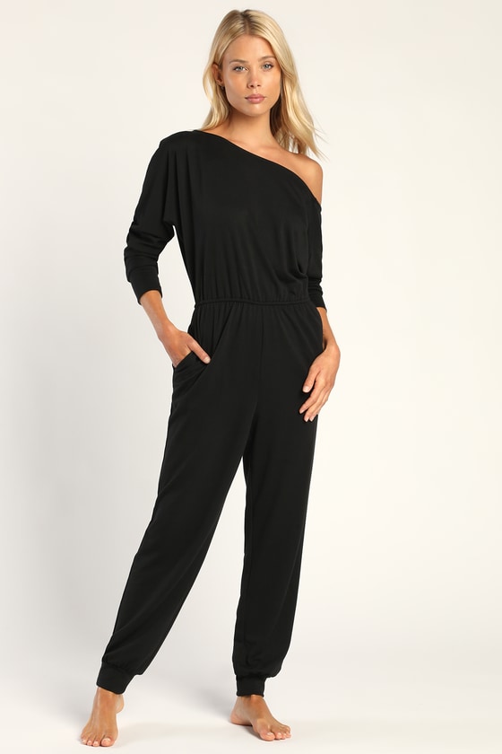 Black Lounge Jumpsuit - Off-the-Shoulder Jumpsuit - Cozy Jumpsuit - Lulus