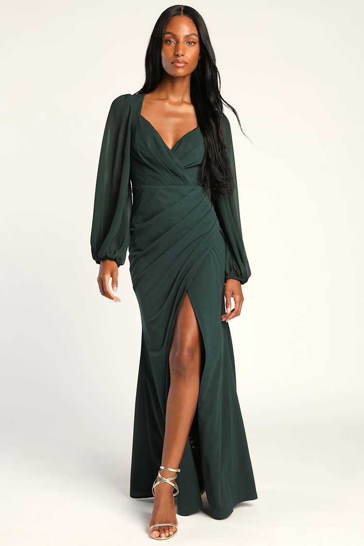 long sleeve surplice maxi dress Plus Surplice Neck Long Sleeves Swiss Dot Belted Chiffon Party Dress