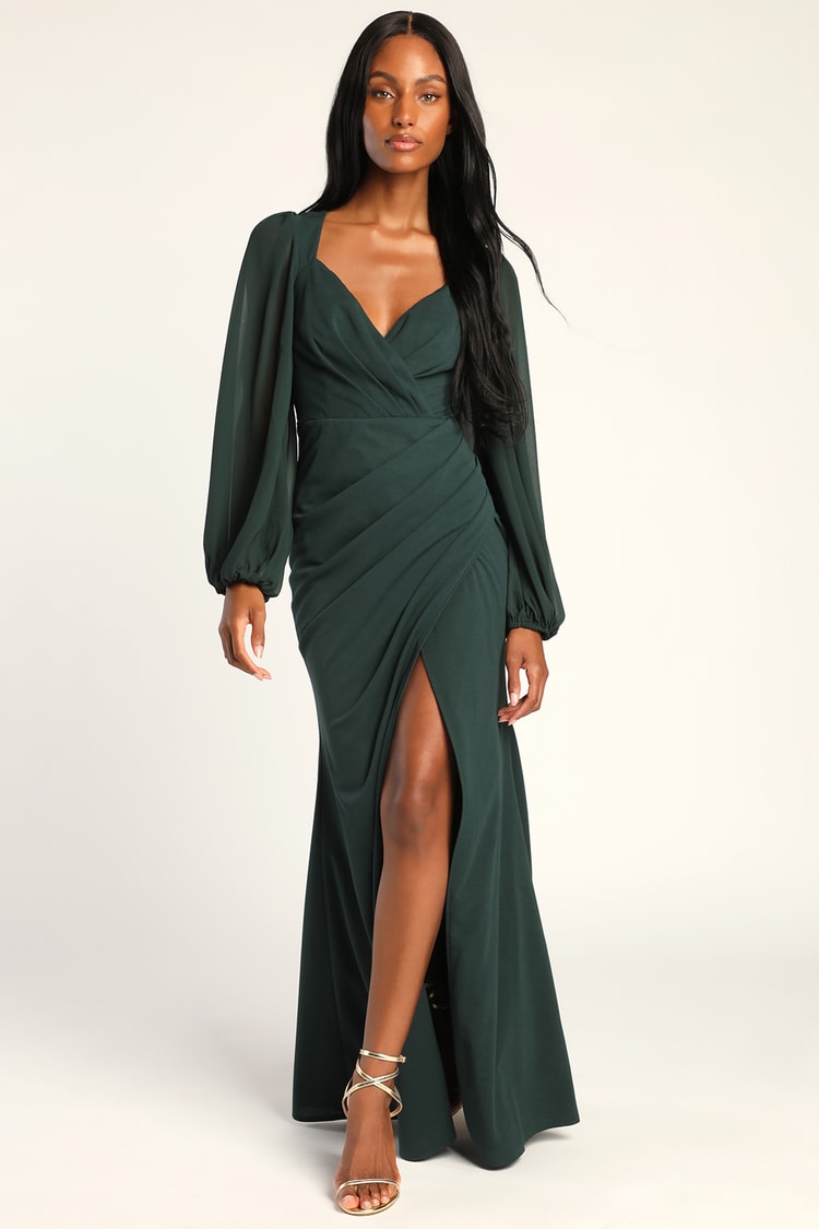 Regal Elegance Green Long Sleeve Surplice Mermaid Maxi Dress