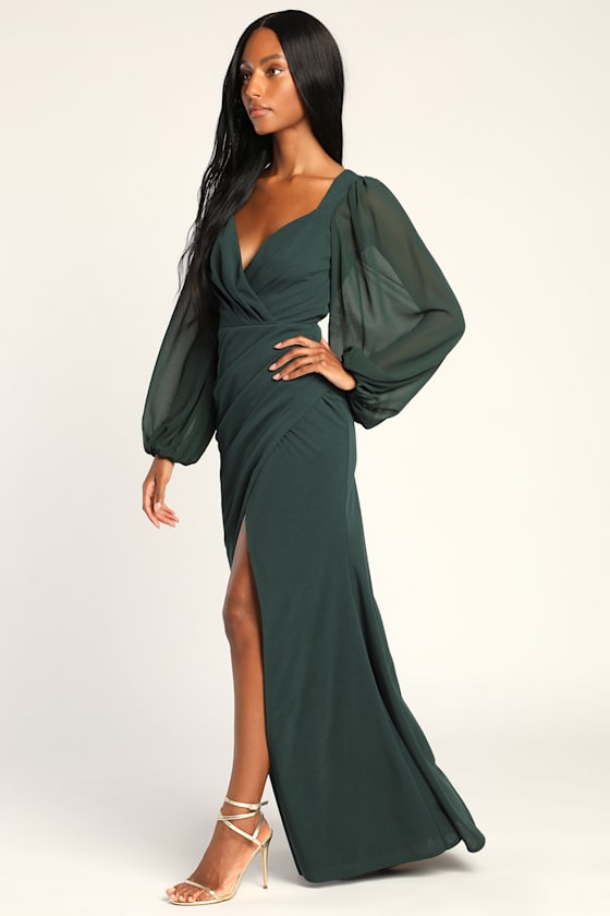 Regal Elegance Green Long Sleeve Surplice Mermaid Maxi Dress 4