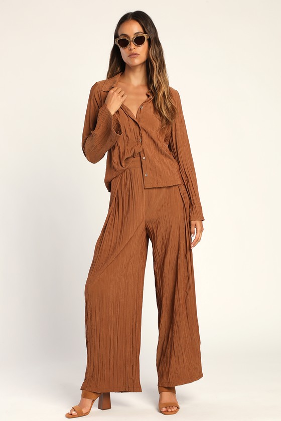 Brown Wide-Leg Pants - Crinkled Wide-Leg Pants - Pleated Pants - Lulus
