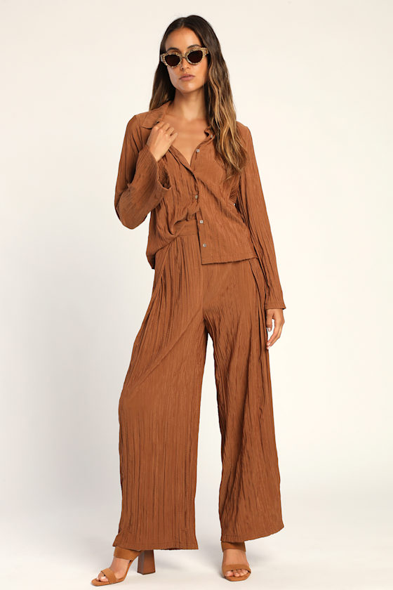 Brown WideLeg Pants Crinkled WideLeg Pants Pleated Pants Lulus