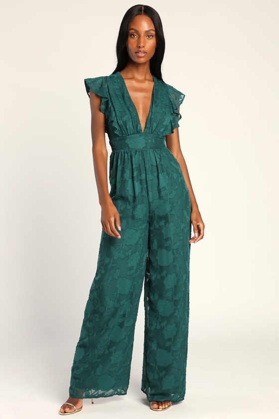 Burnout Floral Jumpsuit - Ruffle Sleeve Jumpsuit - Green Jumpsuit - Lulus