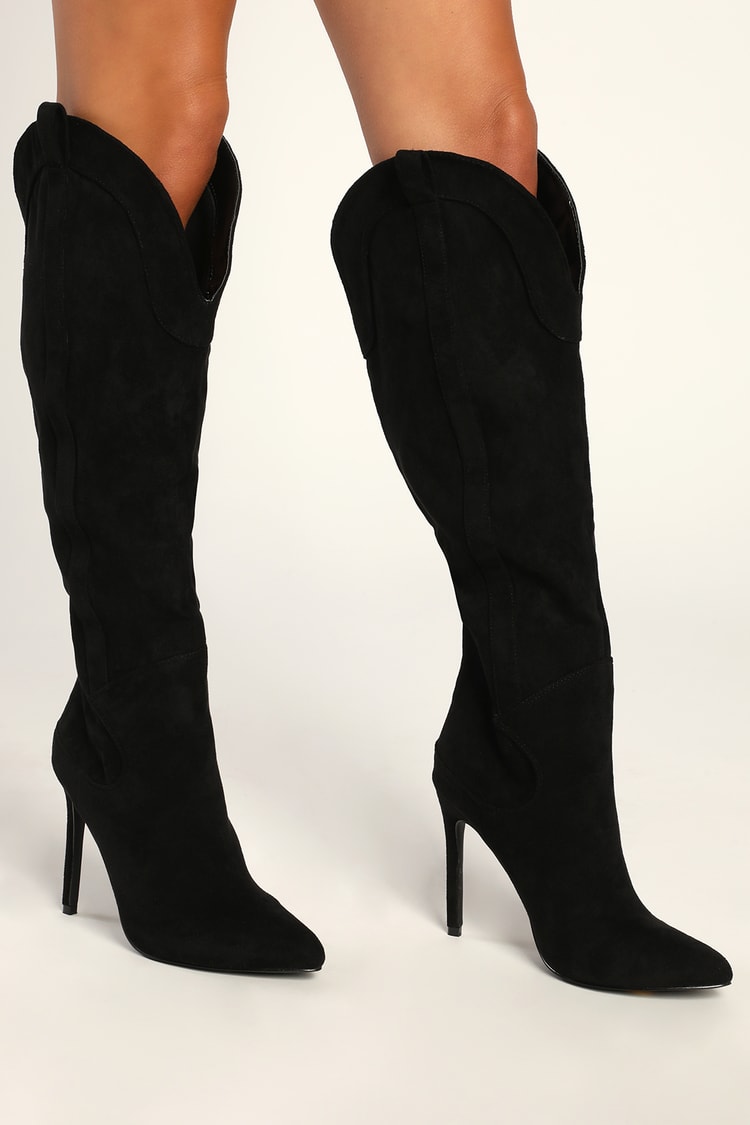 black suede knee high stiletto boots