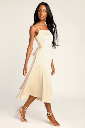 lucinda twist back midi dress champagne - Satin Midi Dress - Smocked Dress Size:Choose Size look-lucy-off-shoulder-mini-dress-navy Victoria Sport Ribbed Logo Maxi dress Back zipper for closure