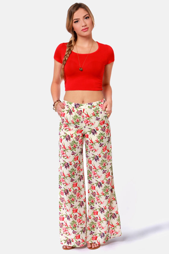 Hip Cream Floral Print Wide-Leg Pants - High-Waisted Pants - Lulus