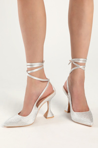 Kayka White Rhinestone Lace-Up Pointed-Toe Pumps
