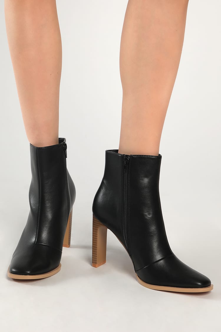black leather booties with wooden heel