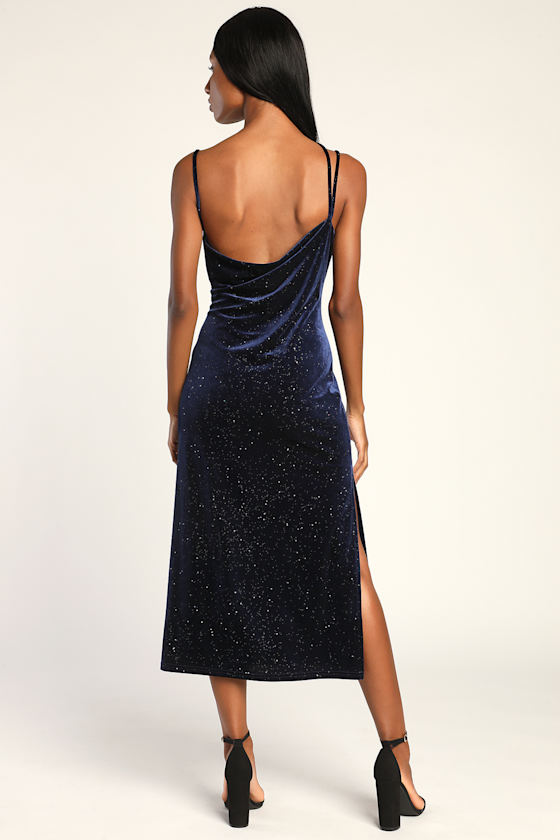 Starry Night Beauty Navy Blue Velvet Cowl Neck Midi Dress 4