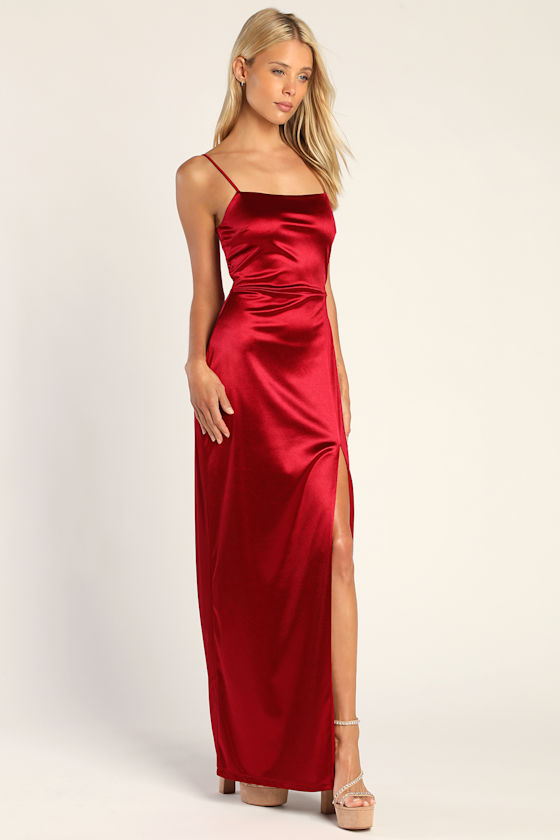 Meant to be Romanced Wine Red Satin Column Maxi Dress 6