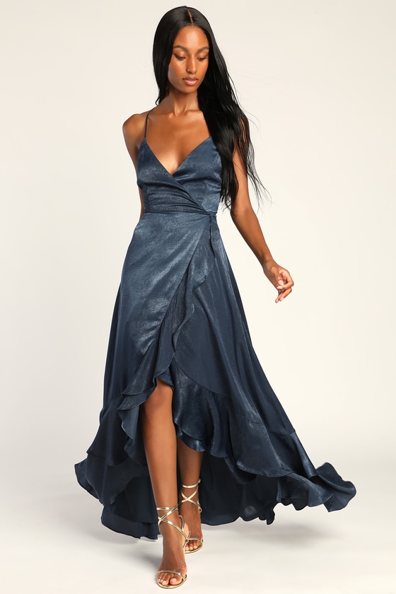 In Love Forever Navy Blue Satin Lace-Up High-Low Maxi Dress
