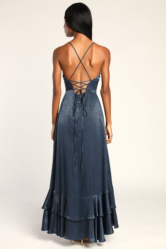 In Love Forever Navy Blue Satin Lace-Up High-Low Maxi Dress 5