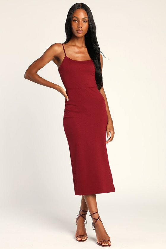 Always On Your Mind Wine Red Backless Bodycon Midi Dress