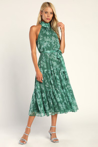 Float to You Green Floral Print Halter Tiered Midi Dress