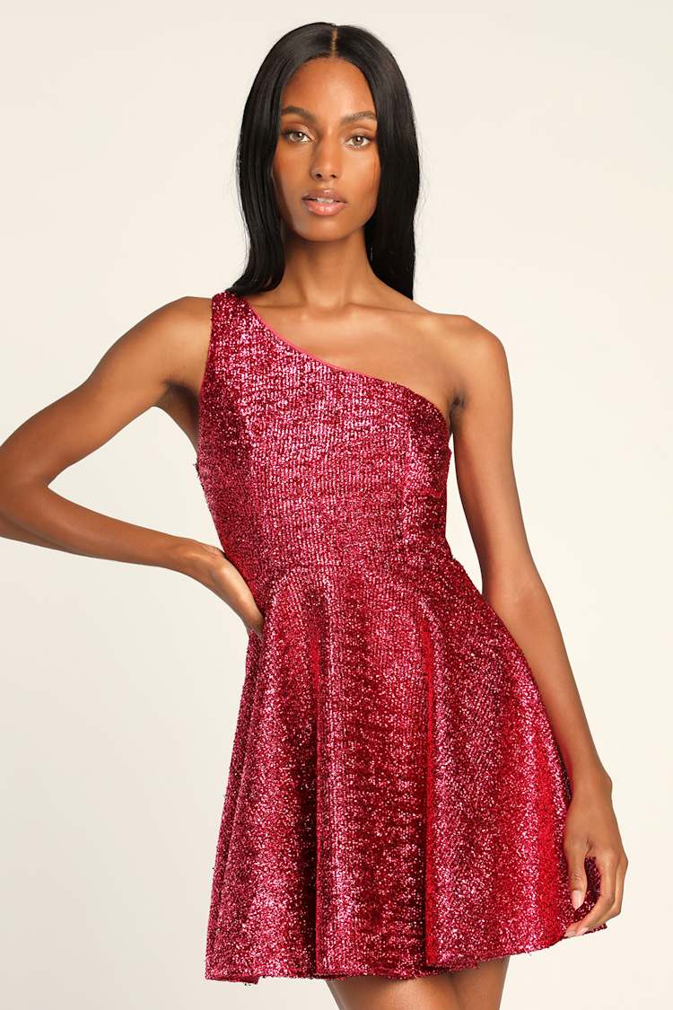 shimmer skater dress Fuchsia Skater Dress - Embellished Dress - One-Shoulder Dress