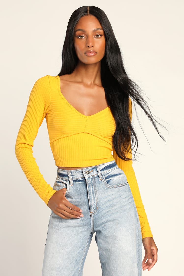 støn håndtag tage Yellow Ribbed Top - Long Sleeve Top - Cropped Long Sleeve Top - Lulus