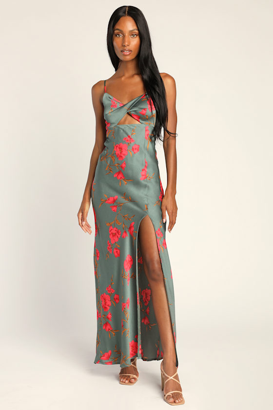 Fit for the Fete Sage Green Floral Satin Maxi Dress 1