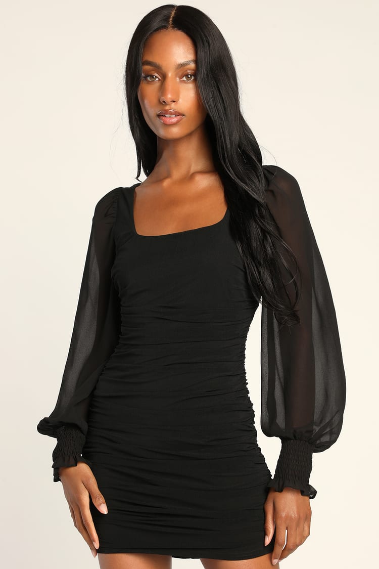 Black Mini Dress - Off Shoulder Bodycon Dress - Mesh Ruched Dress