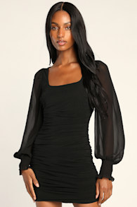 Perfect Sensation Black Mesh Ruched Puff Sleeve Bodycon Dress 2