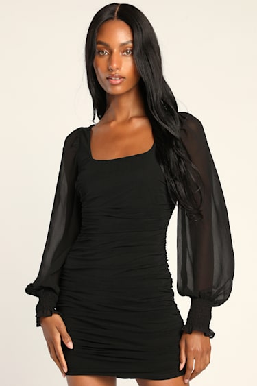 Cute Black Mini Dress Ruched Bodycon Dress Long Sleeve Dress