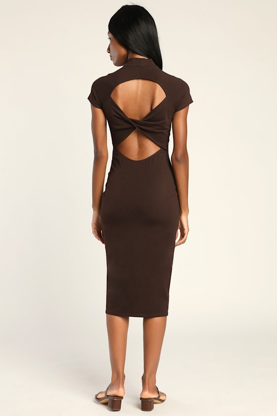 Sleek Sophistication Brown Cutout Mock Neck Midi Dress 4