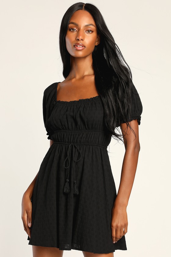 Black Mini Dress - Textured Puff Sleeve Dress - Cute Mini Dress - Lulus