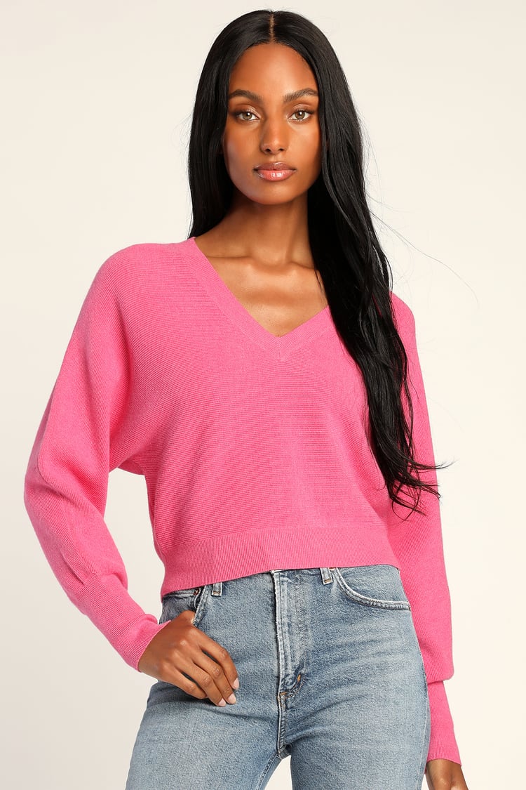 Hot Pink Sweater Knit - Knit Top - Sleeve Knit Top -