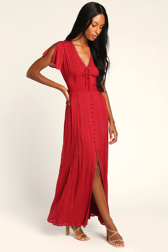 Wine Red Dress - Swiss Dot Dress - Cute Button-Front Dress - Lulus
