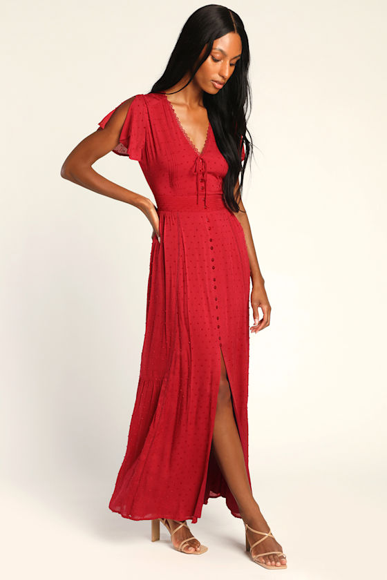 Completely In Love Wine Red Swiss Dot Button-Front Maxi Dress 3