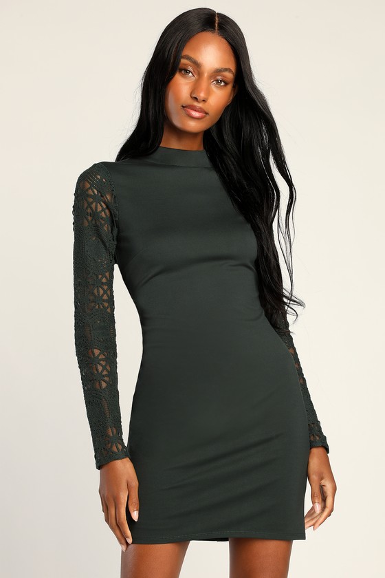 Sexy Dark Green Dress - Lace Long Sleeve Dress - Bodycon Dress - Lulus