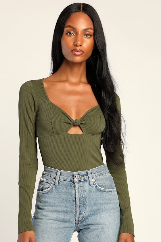 Olive Green Long Sleeve Bodysuit KnotFront Bodysuit Cute Top Lulus