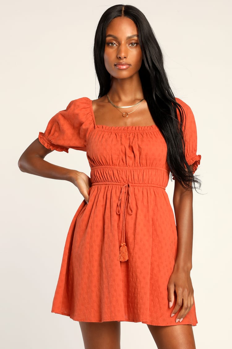 Orange Mini Dress - Textured Puff Sleeve Dress - Cute Mini Dress - Lulus