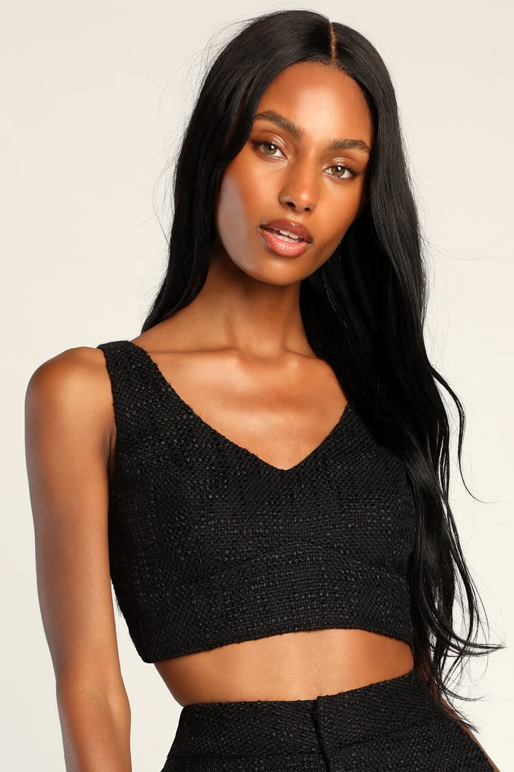 Chic and Sophisticated Black Tweed Cropped Tank Top