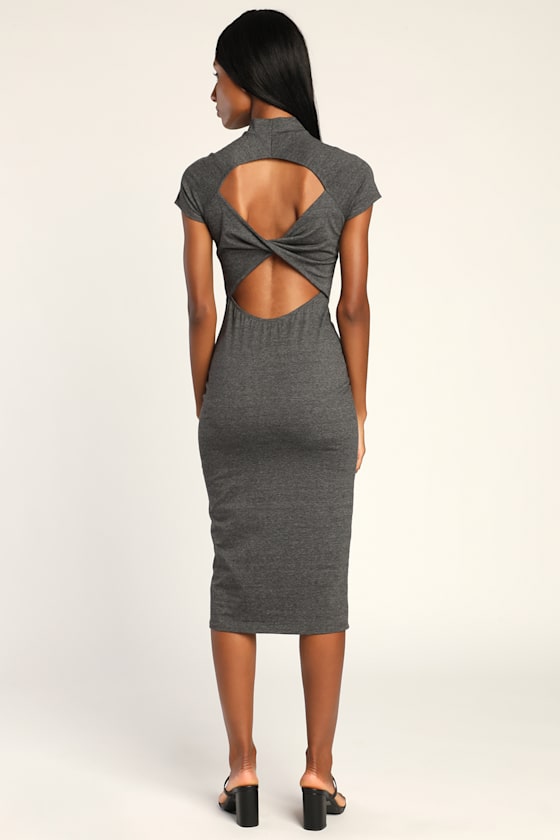Sleek Sophistication Charcoal Grey Cutout Mock Neck Midi Dress 5