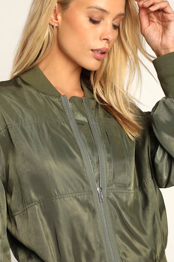 Born Cool Olive Green Satin Lightweight Bomber Jacket 5