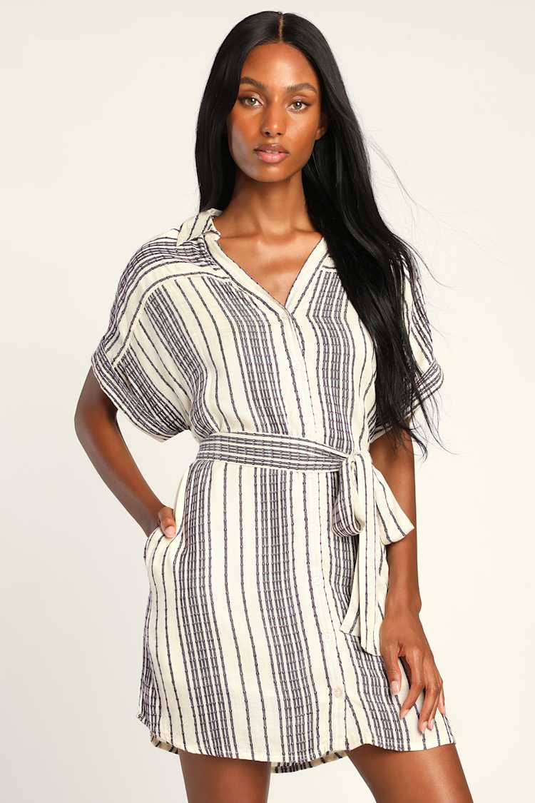 gauzy beach dress Purple Striped Shirt - Button-Up Dress - Shirtdress White dress Flounced hem event: Daytime Black and Blue Dress Size:54