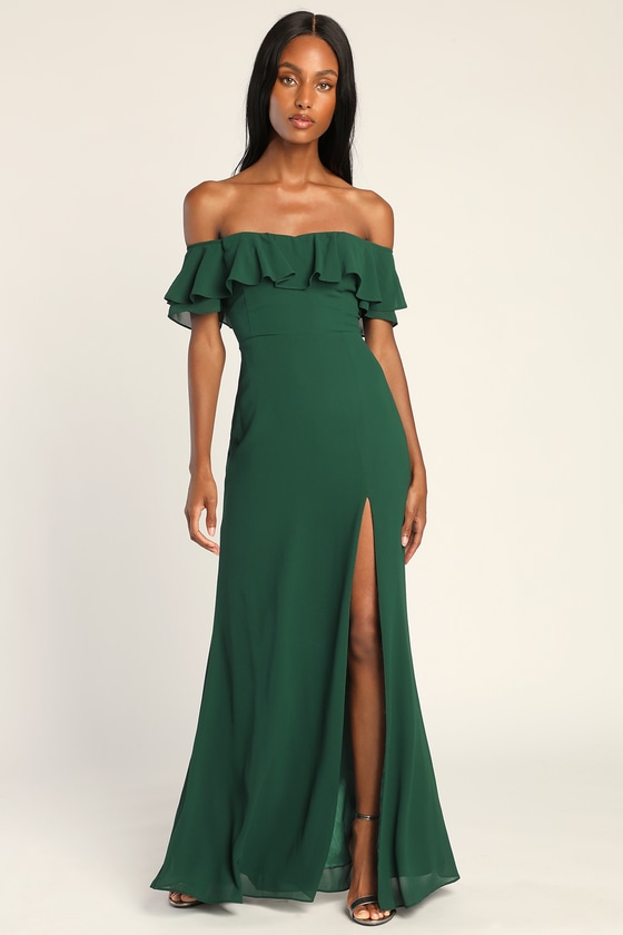 Green Maxi Dress - Off-the-Shoulder Gown - Ruffled Maxi Dress - Lulus