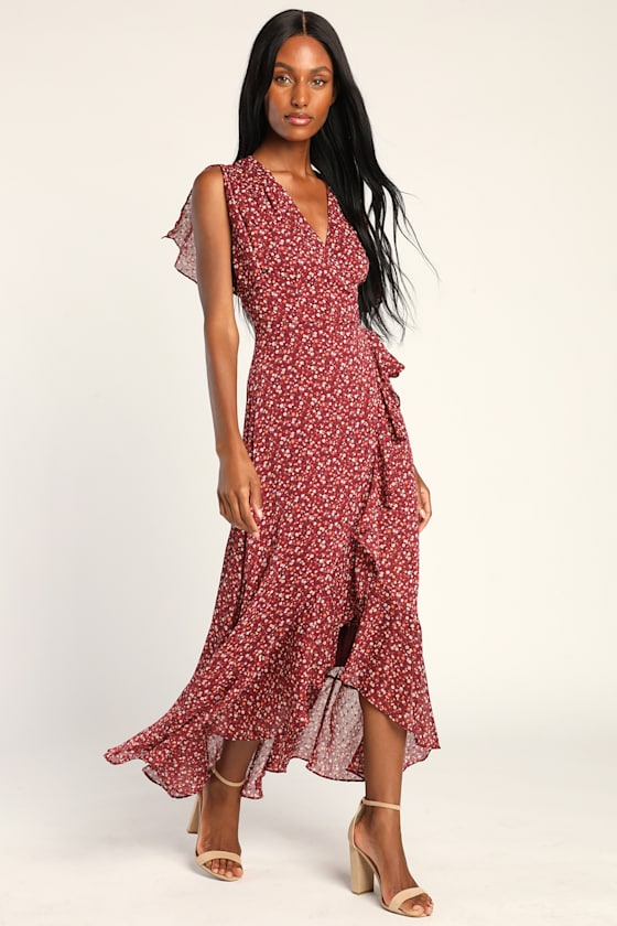Burgundy Floral Print Dress - High-Low Dress - Faux-Wrap