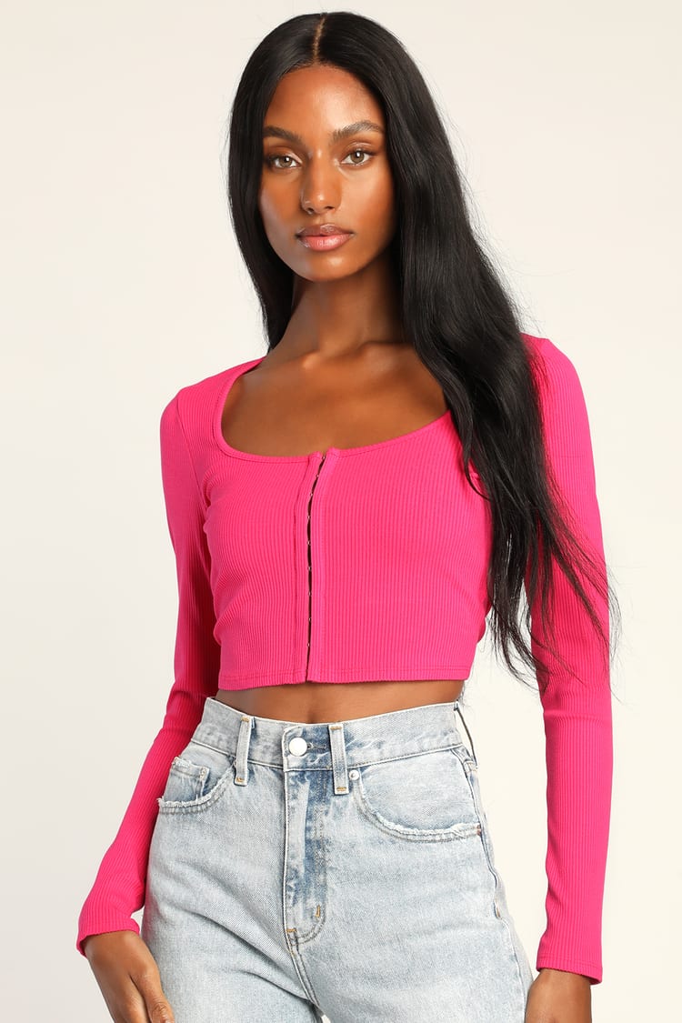 Neon Pink Long Sleeve Off Shoulder Crop Top Form-Fitting Basic